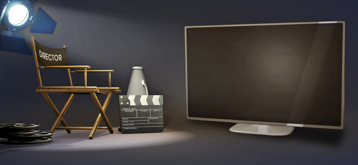 Movies background. Video on demand advertising template with an empty TV set and director's chair and accessories. A movies concept 3D rendering with copy space to add your text