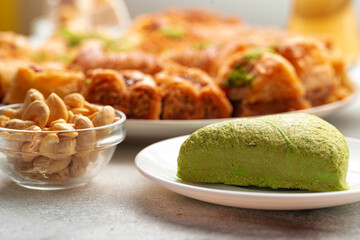 Turkish baklava dessert with honey, close up