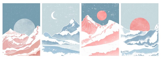 set of Mid century modern minimalist art print. Abstract mountain contemporary aesthetic backgrounds landscapes. vector illustrations