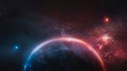 Plakat Abstract fantastic space of the universe. Space background with nebula and stars. Dark space background with an unknown planet, flashes of light in space. 3d illustration