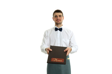 Young man waiter holds menu, isolated on white background - obrazy, fototapety, plakaty