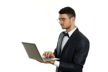 Businessman with laptop isolated on white background