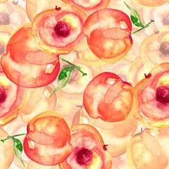 Watercolor seamless pattern from a set of fruit - peach, apricot, yellow plum, cherry plum. Peach with a bone, slices. Use for decoration and design.prune, apricot. Peach branch with green leaf 