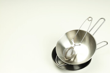 Kitchen utensil on white background, space for text