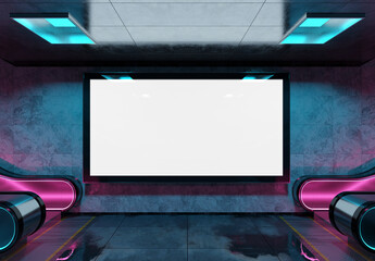 Panoramic billboard on underground subway Mockup. Hoarding advertising hanging on glowing neon interior 3D rendering © sdecoret