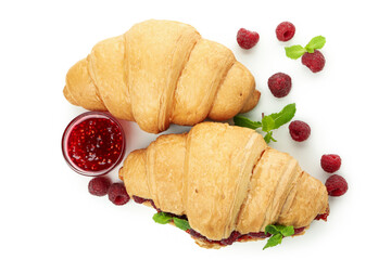 Croissants with raspberry jam isolated on white background