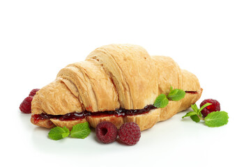 Croissant with raspberry jam, isolated on white background