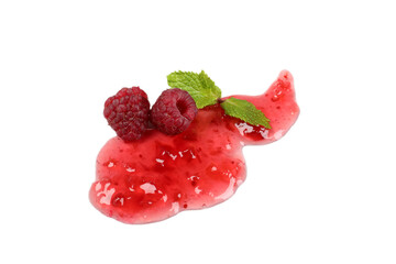 Raspberry jam with ingredients isolated on  white background