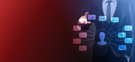 Male hand holding letter icon,email icons .Contact us by newsletter email and protect your personal information from spam mail. Customer service call center contact us.Email marketing and newsletter