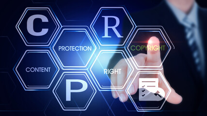 
Copyright  Concept
Hexagonal virtual Touch Screen Concept with man touching screen with finger and...