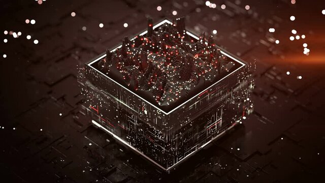 Red central processing unit is analyszing data. Computer science fiction concept. Seamless loop 3D render animation with DOF
