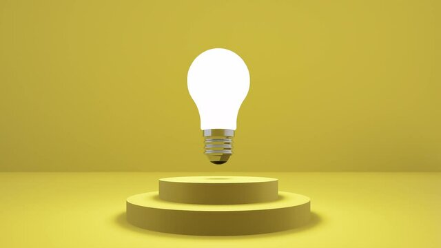 yellow 3D podium, growing pedestal animation with bulb object above, smart idea concept, winner of best notion, stairs design, incandescent lamp