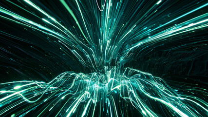 Glowing green lines and particles 3D render illustration