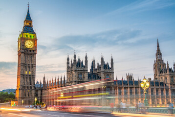 Fototapeta na wymiar Westminster Palace and Bridge at summer night in London, UK.