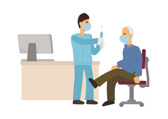 General practitioner vaccinating old patient in clinic.