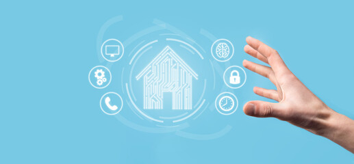 Hand hold house icon.Smart home controlled, intelligent house, and home automation app concept.Pcb...