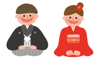 お正月　晴れ着でおじぎをする男の子と女の子