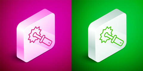 Isometric line Cutter roll for honey icon isolated on pink and green background. Tool of the beekeeper. Silver square button. Vector