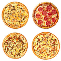 Fototapeta na wymiar Set of different pizzas collage isolated on white background