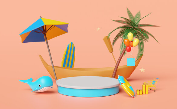 stage podium empty with boat, umbrella,balloon,palm,shopping paper bags,lifebuoy,whale,cart isolated on orange.web search engine,online shopping summer sale concept,3d illustration,3d render