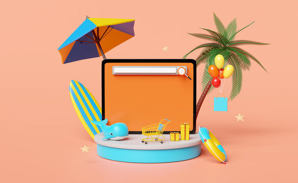 stage podium with mobile phone,smartphone,umbrella,balloon,palm,shopping paper bags,lifebuoy,whale isolated on orange.web search engine,online shopping summer sale concept,3d illustration,3d render