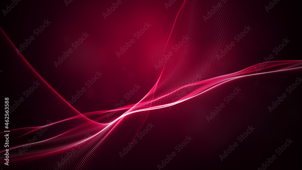 Poster digital particle wave and light red and pink color abstract background, 3d rendering
