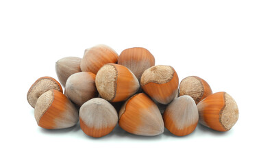 Pile of hazelnuts isolated on white background