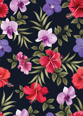 Seamless pattern of hibiscus flower and Orchid with leaf background template. Vector set of floral element for tropical print, wedding invitations, greeting card, brochure, banners and fashion design.