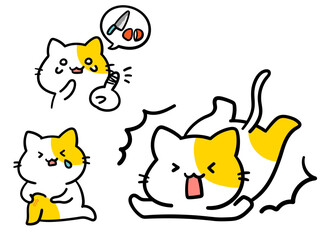 日常生活の中で怪我をしたかわいいねこの手書き風イラスト