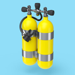 Yellow diving tanks or balloons full oxygen for snorkeling isolated on blue