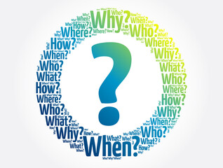 Question mark - Questions whose answers are considered basic in information gathering or problem solving, word cloud background