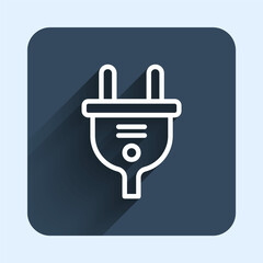 White line Electric plug icon isolated with long shadow background. Concept of connection and disconnection of the electricity. Blue square button. Vector