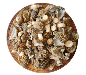 Lots of sliced spring mushrooms on a round plate. An isolated object. Ingredients for cooking. Cook from low-calorie foods. Weight loss.