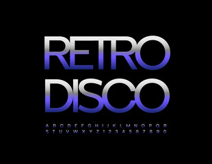 Obraz premium Vector stylish poster Super Disco. Cosmic style Alphabet Letters and Numbers set. Purple glossy Font