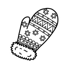 Winter hygge fluffy mitten snowflake lace knitting lined doodle coloring book page black and white background art therapy relax psychology lace snowflake warm