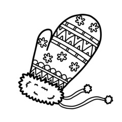 Winter hygge fluffy mitten snowflake lace knitting lined doodle coloring book page black and white background art therapy relax psychology lace snowflake