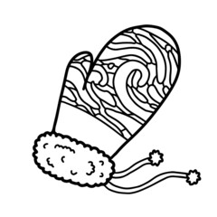 Winter hygge fluffy mitten snowflake lace knitting lined doodle coloring book page black and white background art therapy relax psychology lace