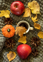 autumn elements with leaves, apples and coffee