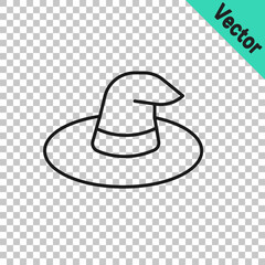 Black line Witch hat icon isolated on transparent background. Happy Halloween party. Vector