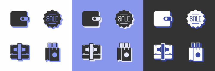 Set Paper shopping bag, Wallet, Stacks paper money cash and Price tag with Sale icon. Vector