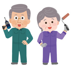 DIYをする高齢男女2　ポーズ イラスト