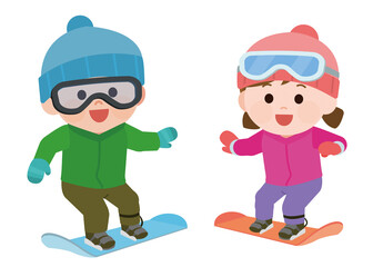 スノーボードを楽しむ男の子と女の子　イラスト