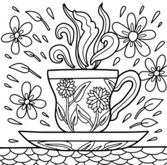 Tea cup chamomile cosiness hygge flower herbal sweethome homesweethome tasty scent fragrance lined doodle coloring book page black and white background art therapy relax psychology lace tasty
