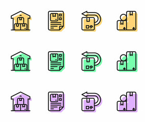 Set line Return cardboard box, Full warehouse, Waybill and Carton icon. Vector