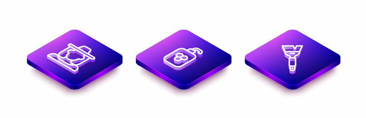 Set Isometric line Beekeeper with protect hat, Cosmetic tube honey and Beekeeping brush icon. Vector