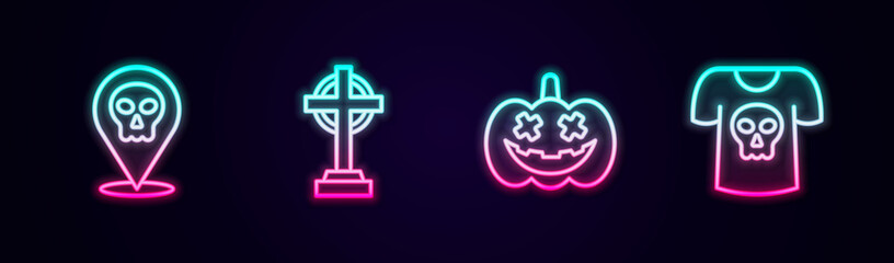 Set line Skull, Tombstone with cross, Pumpkin and Shirt skull. Glowing neon icon. Vector