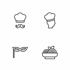 Set line Pasta spaghetti, Carnival mask, Italian cook and icon. Vector