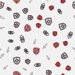 Set line Castle tower, Shield, Torch flame and on seamless pattern. Vector