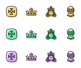 Set line Princess or queen, Crusade, King crown and Medieval helmet icon. Vector