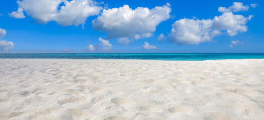 Closeup sea sand beach. Panoramic beach landscape. Inspire tropical beach seascape horizon. Blue cloudy sunny sky calmness tranquil relaxing sunlight summer mood. Vacation traveling holiday banner